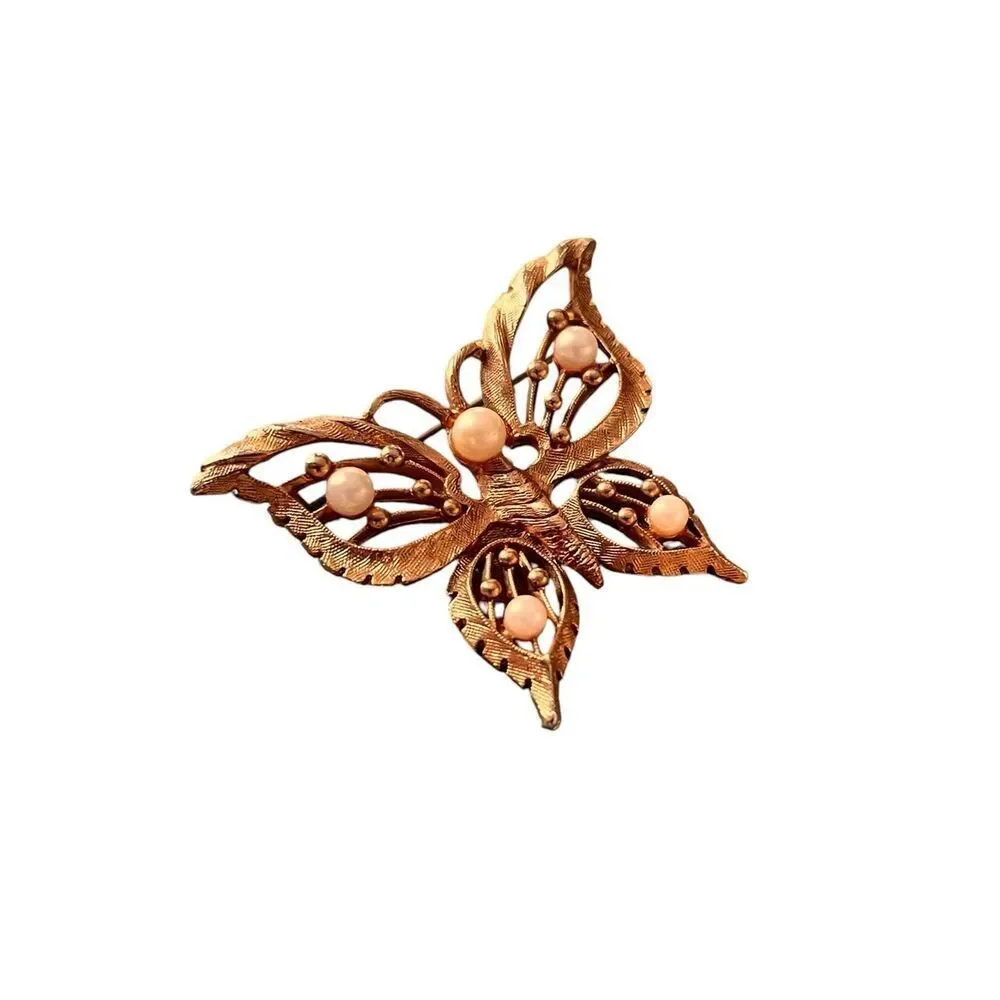 Vintage Butterfly Brooch Faux Pearls Gold Tone Open Metal